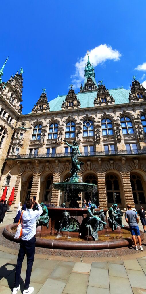Hygieia Fountain in the inner courtyard of Hamburg Rathaus, surrounded by the historic building’s ornate architecture