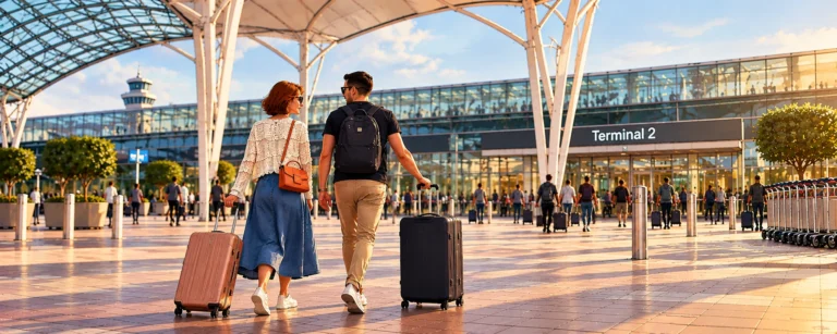 Irina and Bernhard walking with their suitcases towards Terminal 2 at Munich Airport, illustrated in warm evening light.