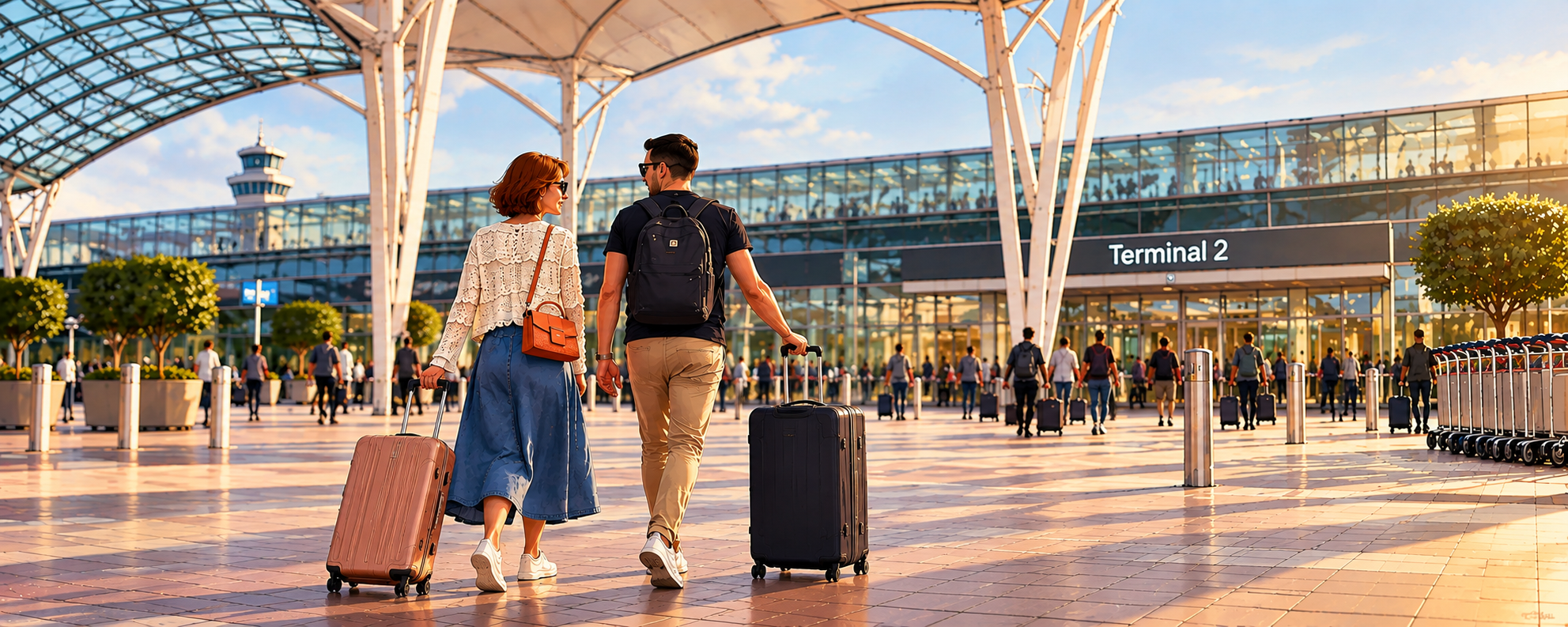 llustration of Irina and Bernhard walking with suitcases toward an airport terminal
