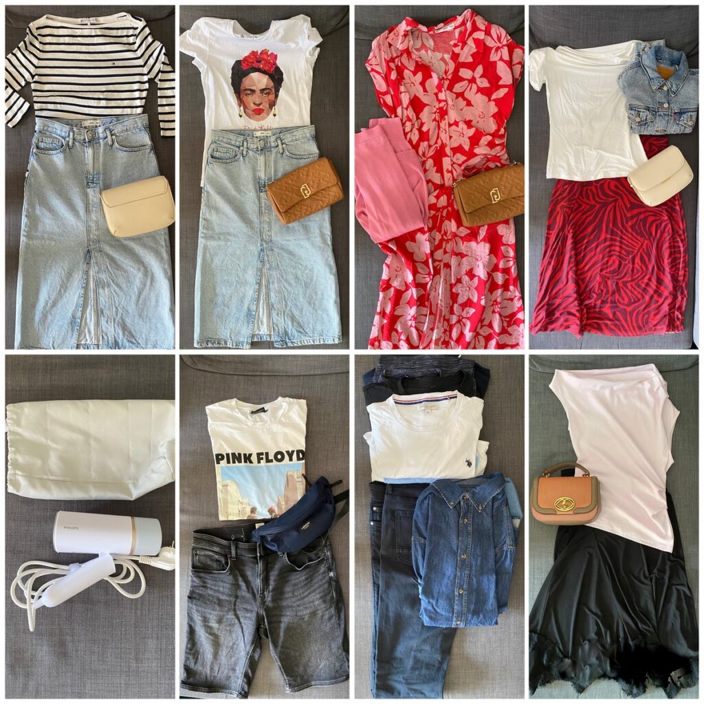 Outfits laid out before a trip to help plan what to wear while travelling