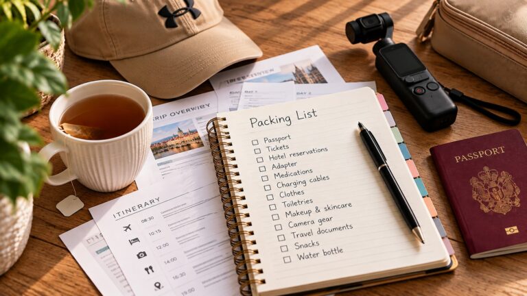 Travel planning setup with a packing list, printed itinerary, passport and camera