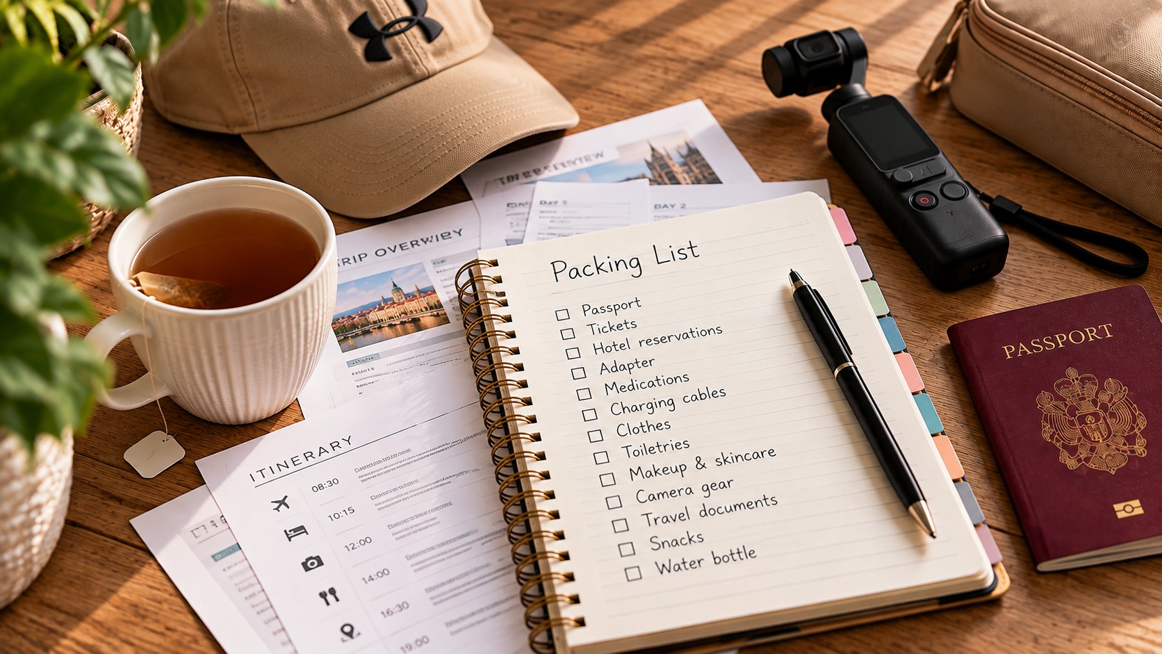 Travel planning setup with a packing list, printed itinerary, passport and camera
