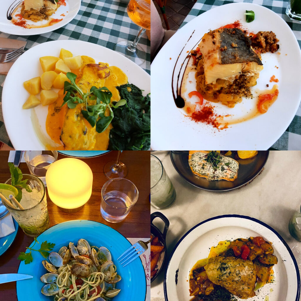 Collage of four restaurant meals in Mallorca, featuring fish dishes, seafood pasta, vegetables and drinks