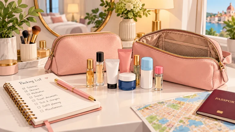 Illustration of pink makeup and toiletry bags with travel-size beauty products and a packing checklist on a white vanity table.