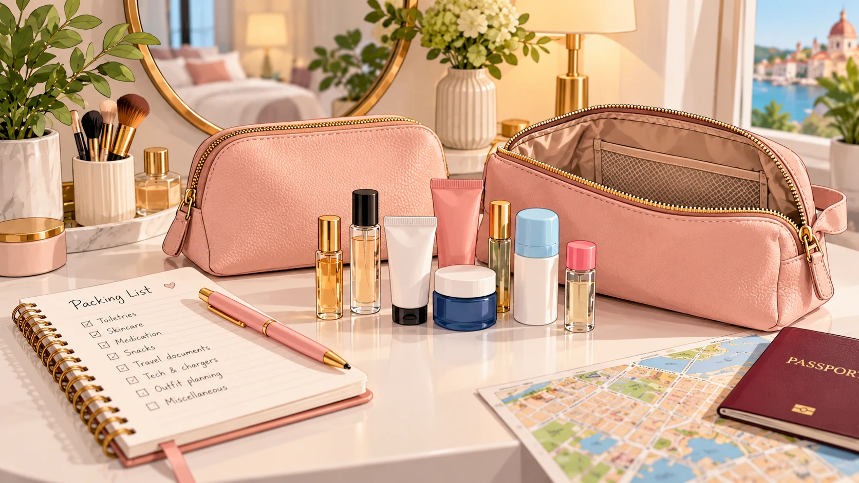 Illustration of pink makeup and toiletry bags with travel-size beauty products and a packing checklist on a white vanity table.
